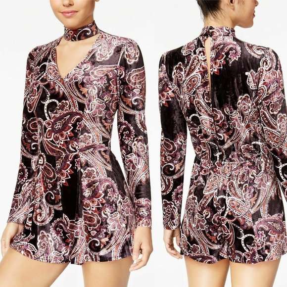 Be Bop Black Rust Paisley Print Velvet Romper - Picture 1 of 7